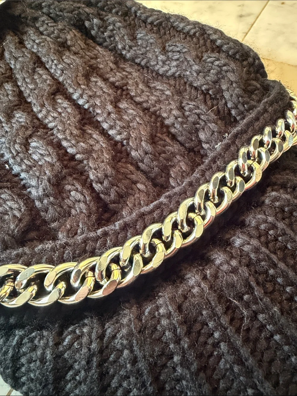 Michael Kors Black Cable Knit Visor Hat with Silver Chain